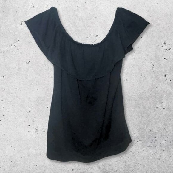 J.Crew Off Shoulder Blouse Pullover Ruffled Neckline Short Sleeves Black W Small - Picture 1 of 8